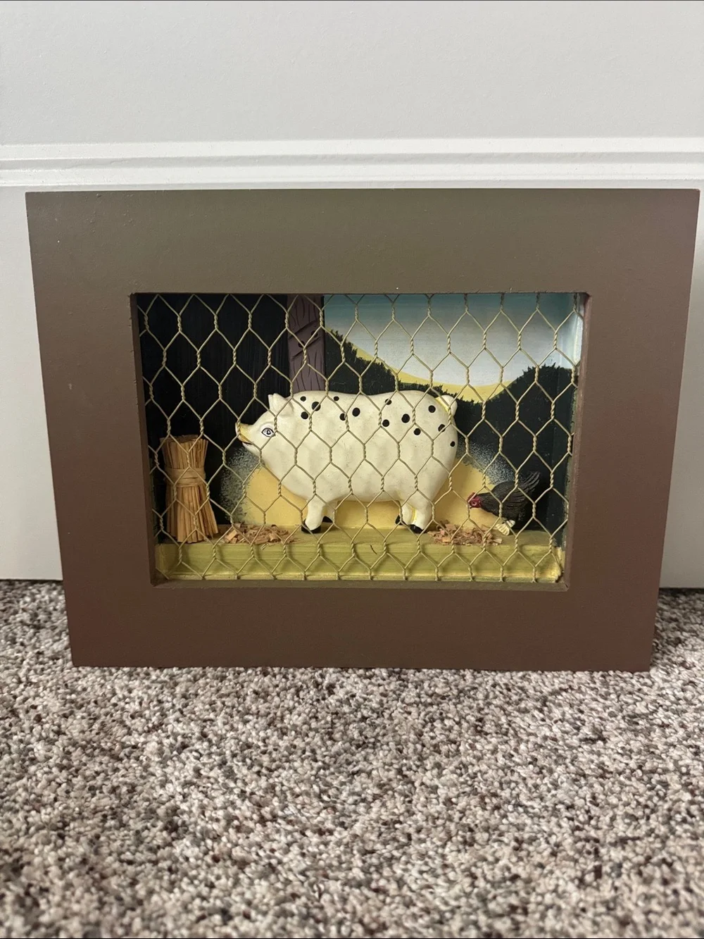 Brown Farmhouse Shadow Box Frame with Pig Accent